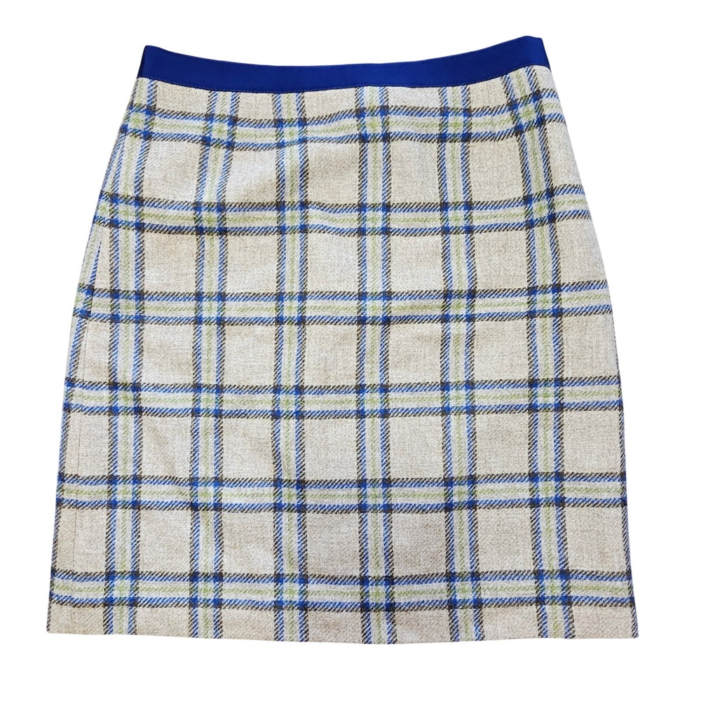 Boden British Tweed by MOON Wool Plaid Pencil Skirt Tan Blue Green Size US 8L